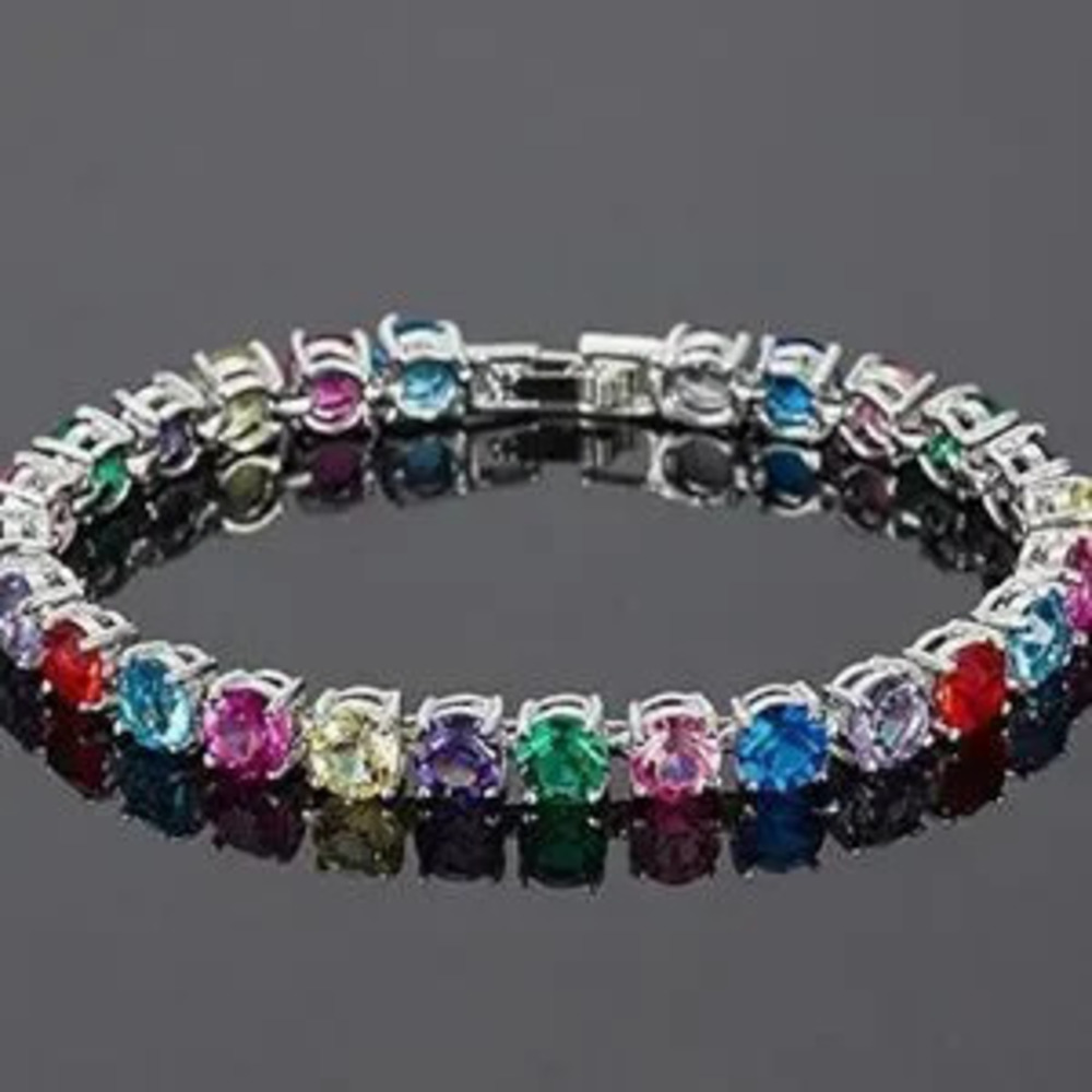 NEW 14k?White Gold Plated 6mm Multi Colored Cubic Zirconia Tennis Bracelet